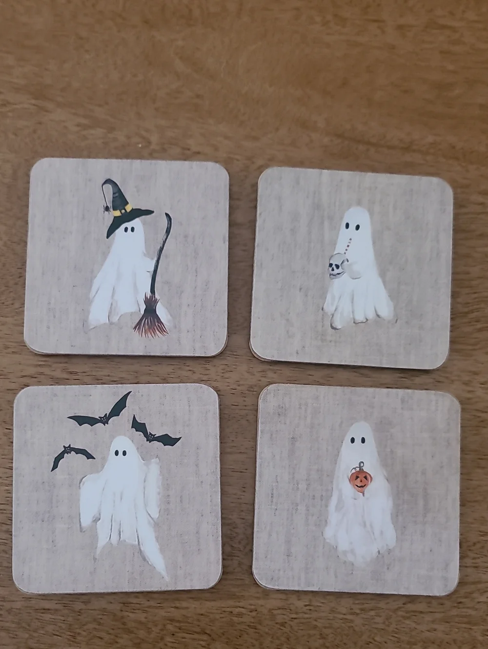 NEWPottery Barn Set of 4 Halloween Ghost Coasters - Neutral Linen Look